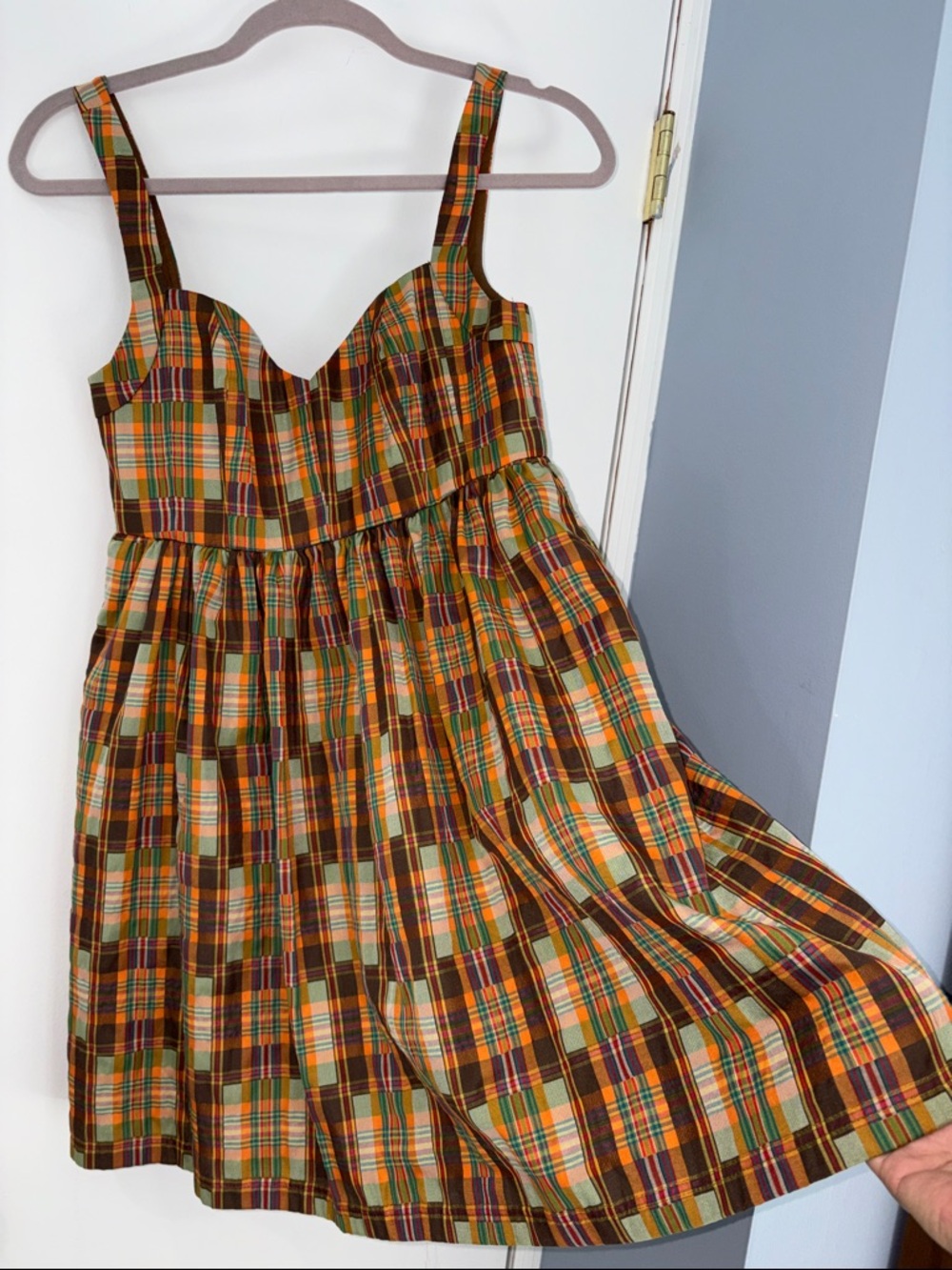 Ali Ro Orange Green Brown Plaid Sundress with pockets make an offer!